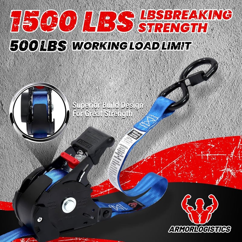 ARMORLOGISTICS Retractable Ratchet Straps 4 Pack, 1 in x 12 FT Auto Ratchet Straps for Motorcycle, Kayak and Trucks, Breaking Strength 1,500LBS/500LBS Working Load Limit Blue - Image 2